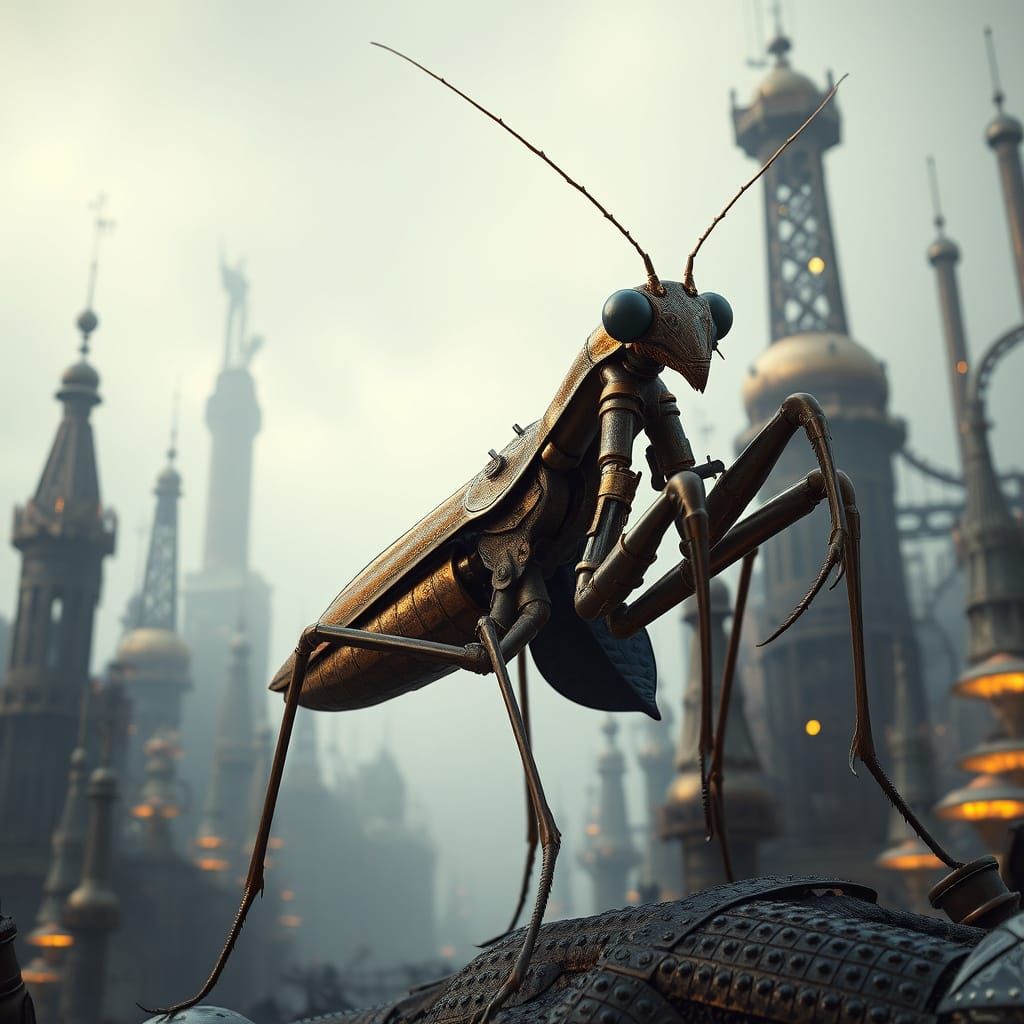 Steampunk Praying Mantis Heroically Amidst Industrial Landsc...