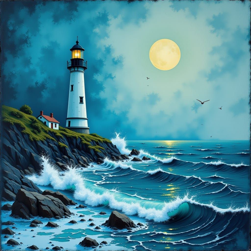 Lighthouse, best quality, a close up, detailed seascape, wav...