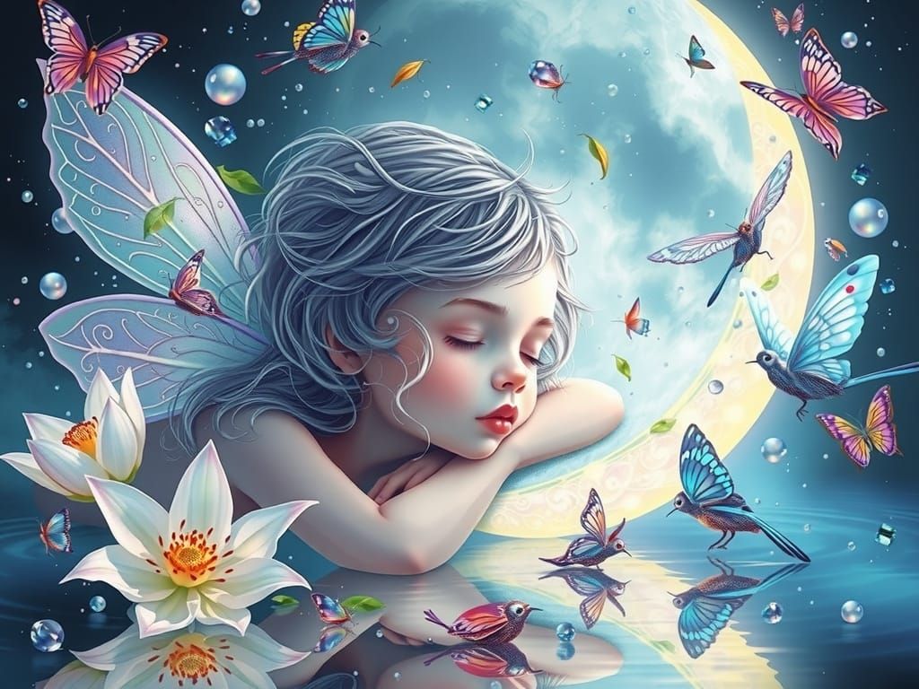 A delicate fairy with translucent wings sleeps by the moon
