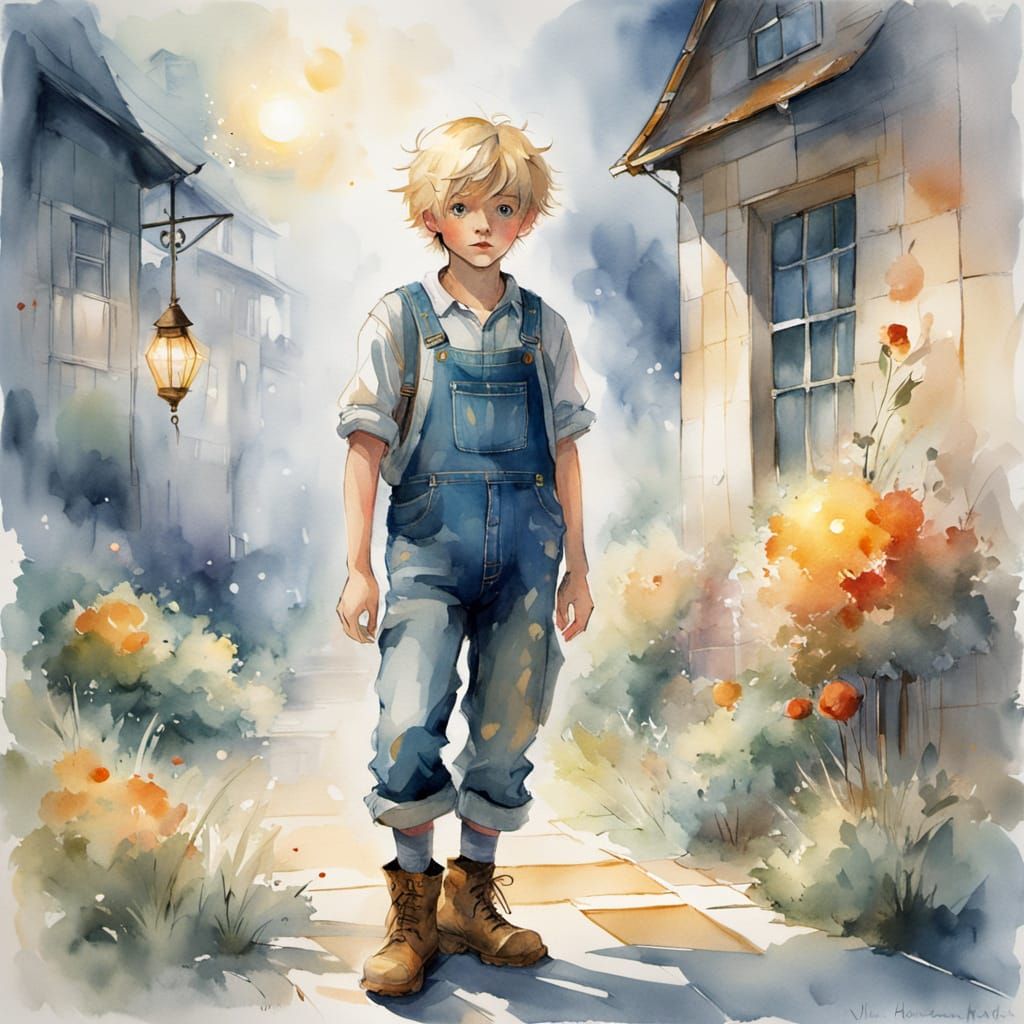 Whimsical Blond Boy Illustration in Watercolor Style