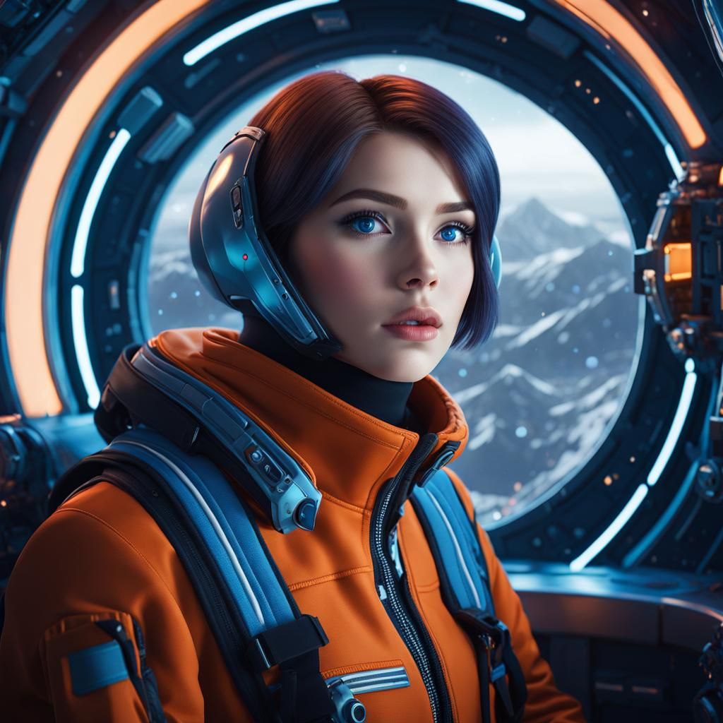 Girl in Spaceship Gazing at Mysterious Planet