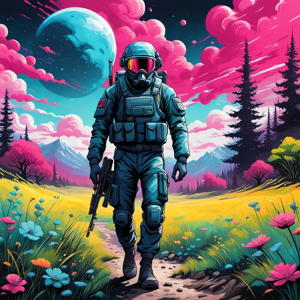 Sci-Fi Soldier in Meadow: Graffiti Art Style