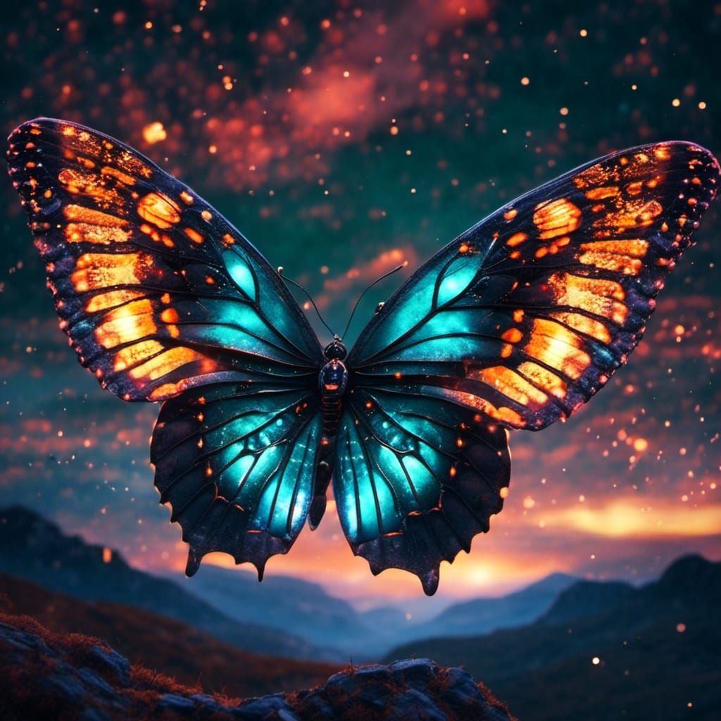 Mystical Butterfly with Galactic Wings at Sunset