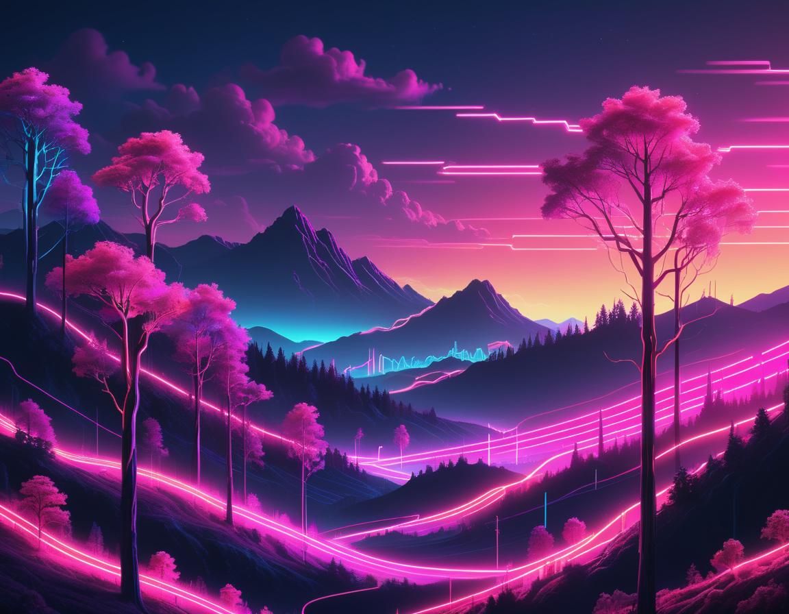 Synthwave Dreamscape: Neon Hills and Fiber Optic Trees
