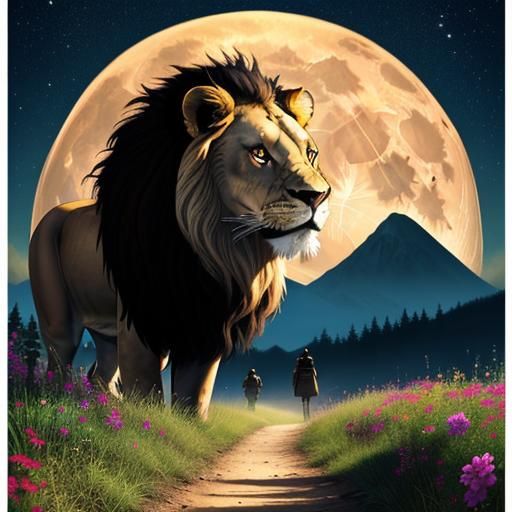 Lion and Girl's Moonlit Journey Through Time