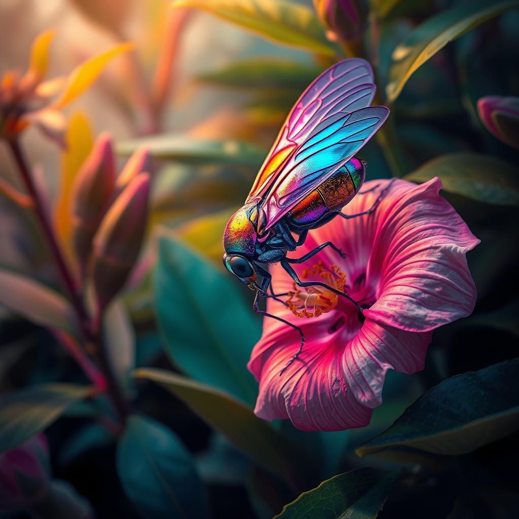 Iridescent Insect Sipping Nectar in Cyberpunk Style