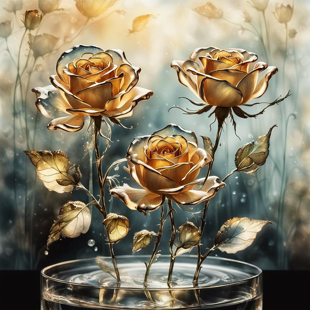 Crystal Roses in Ethereal Watercolor Landscape