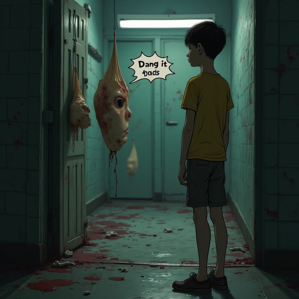 Boy Stares at Gunny Bag in Derelict Room