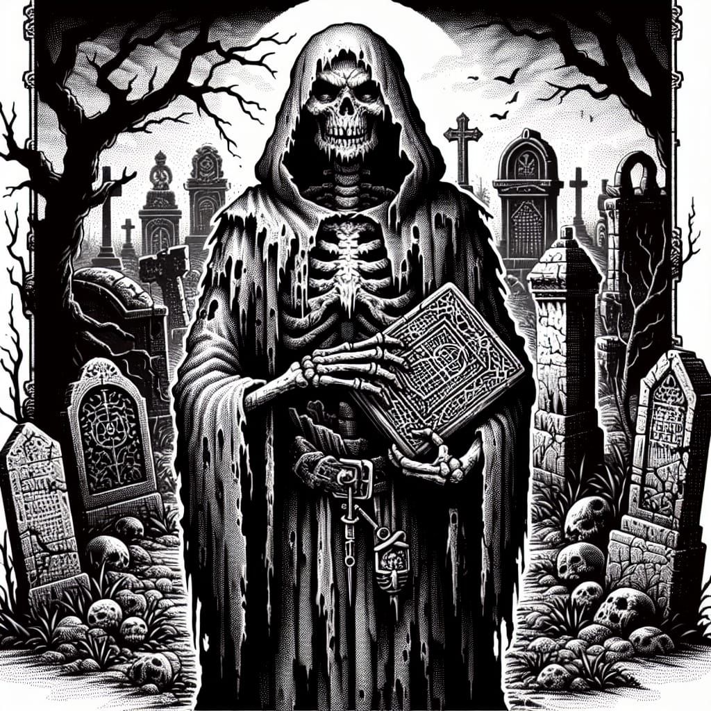 Aged Skeleton Sorcerer in Somber Graveyard Illustration