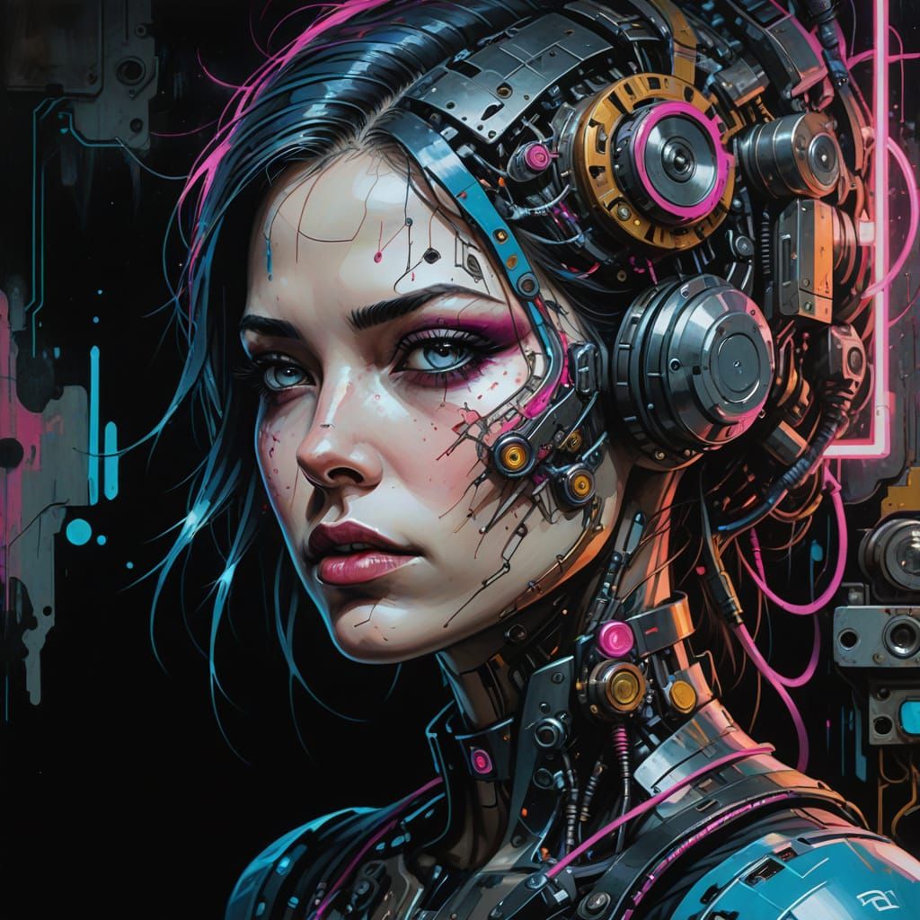 Cyberpunk Woman with Fragmented Machinery in Neon-Lit Urban ...