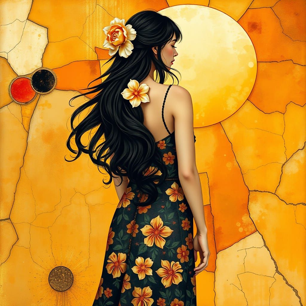 Elegant Woman in Golden Light, Mixed Media Style