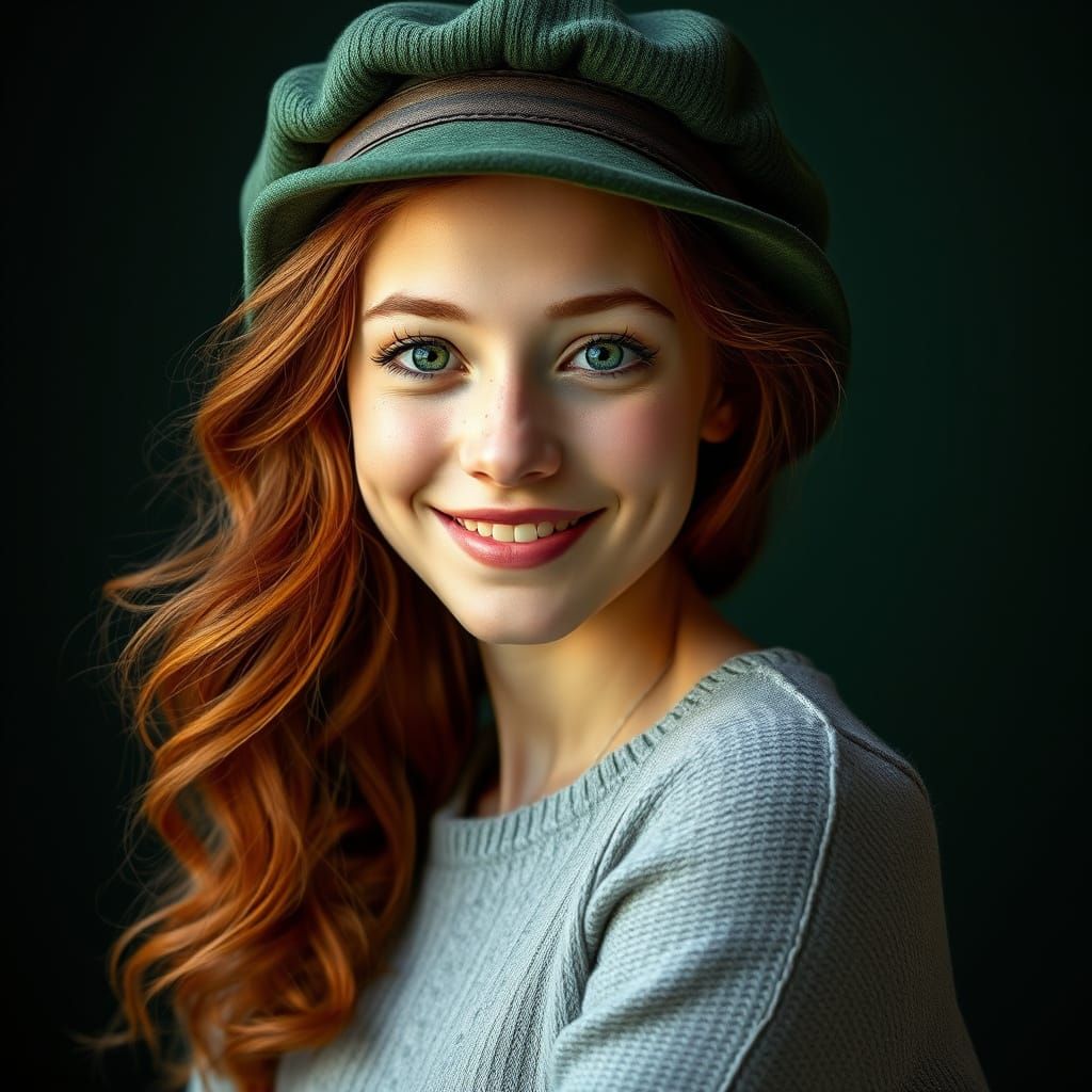 A young woman with wavy red hair wearing a green hat,