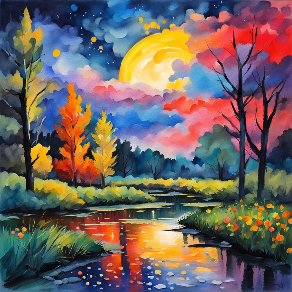 Colorful Night in Gouache and Watercolor Style