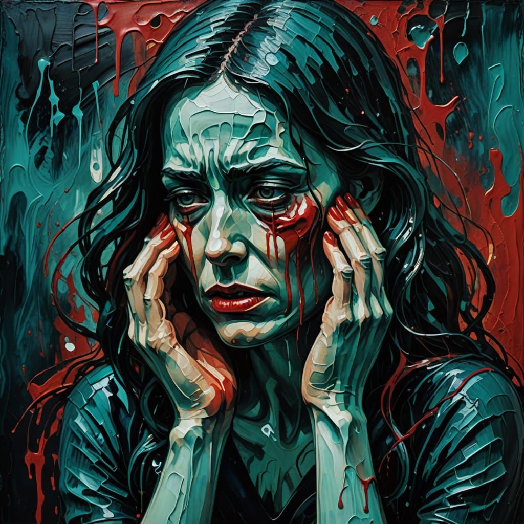 Frantic Woman in Muted Darkness