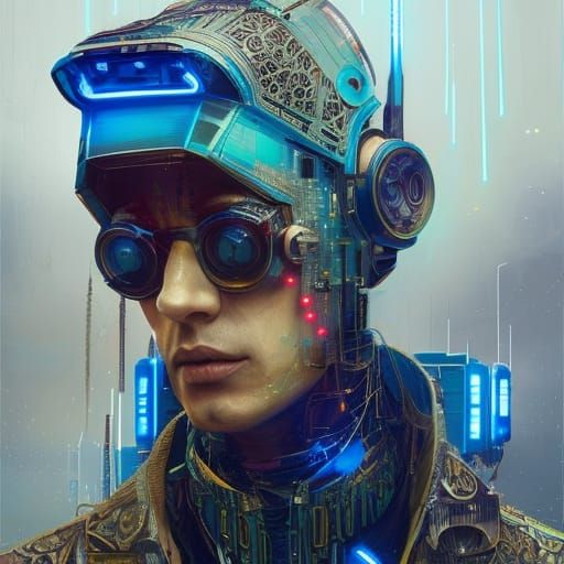 Cyberpunk Warrior Portrait in Electric Blue Tech Wear
