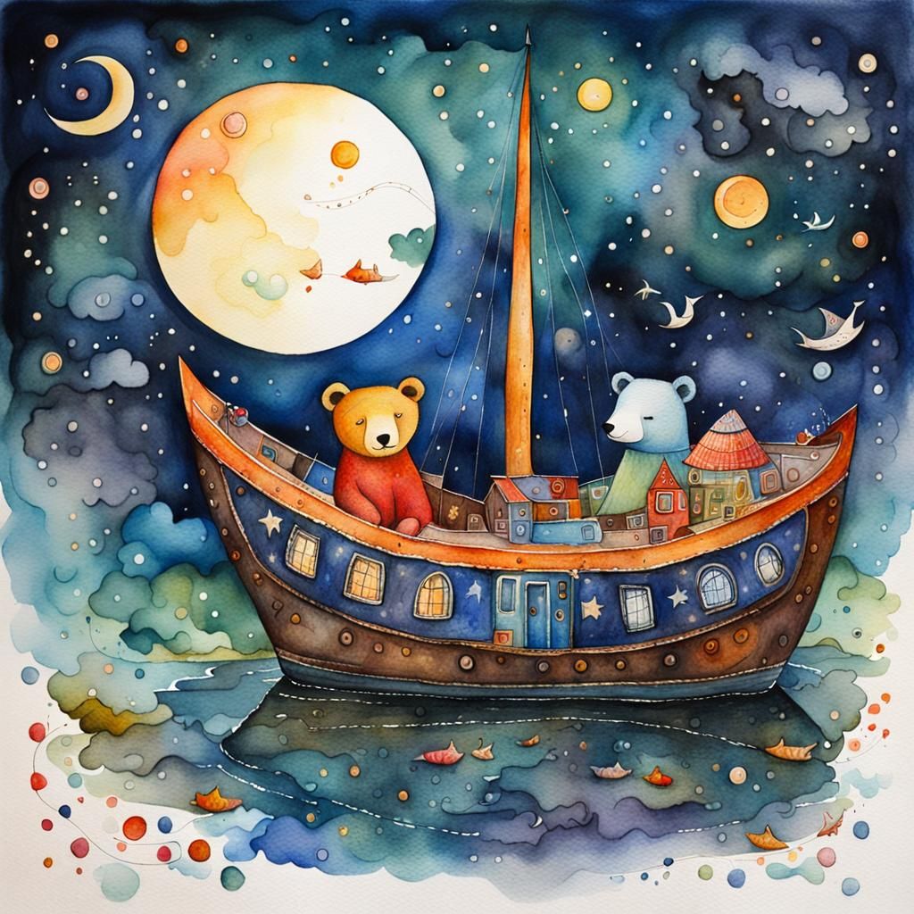 Dreamscape: Boat, Bear, and Moonlight in Watercolor