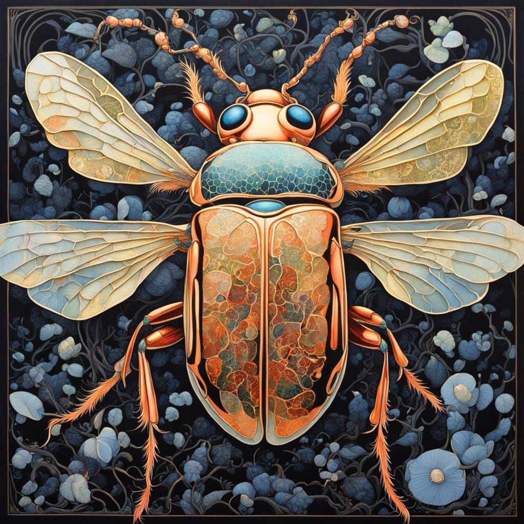 Jewel Beetle in Metallic Scratchboard Style
