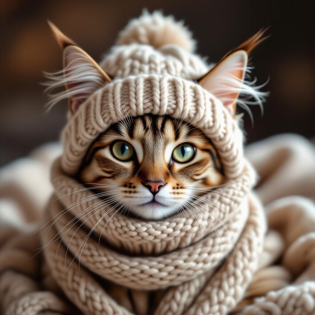 Sphinx Cat Wearing Cozy Hand-Knitted Winter Hat