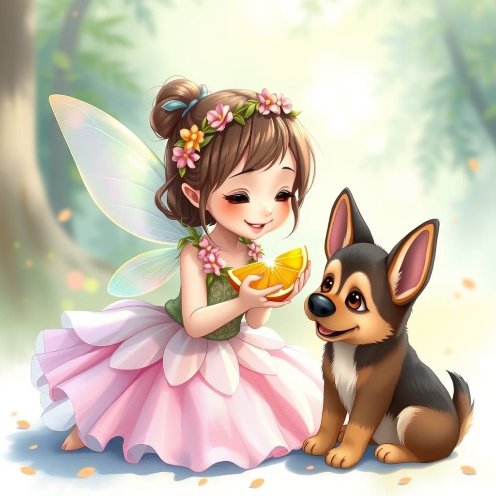 Whimsical Anime Fairy Feeds German Shepherd Puppy an Orange