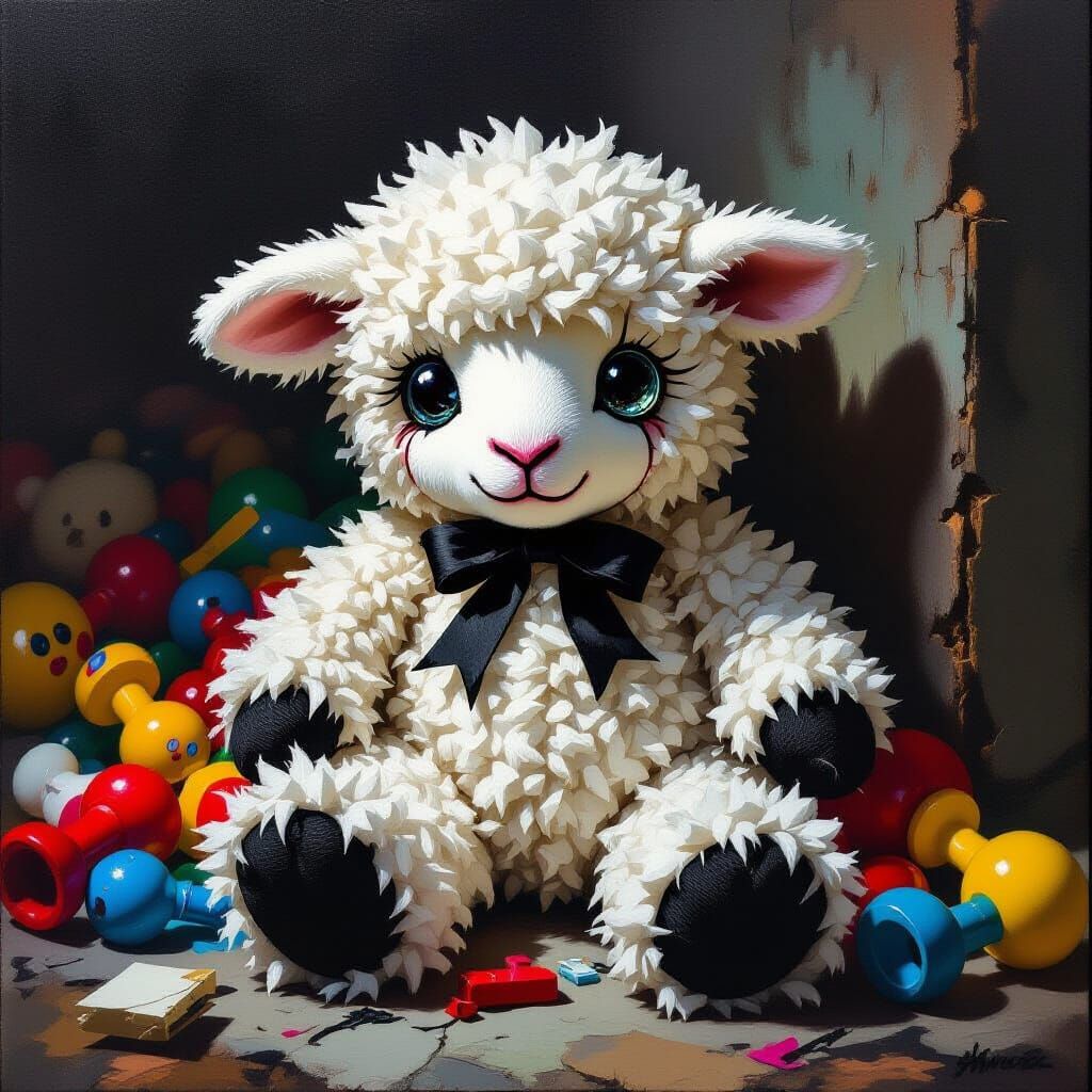 Menacing Lamb Toy in Dark Oil Painting Style