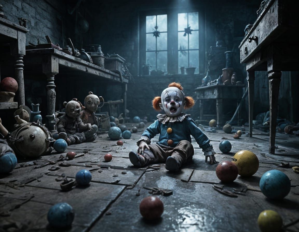Creepy Old Toys in Dark Gothic Cellar
