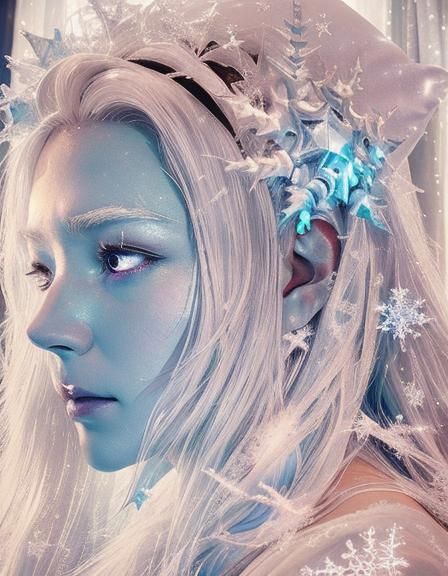 Fantasy Scene: Woman Sleeping in Snowy Bedroom