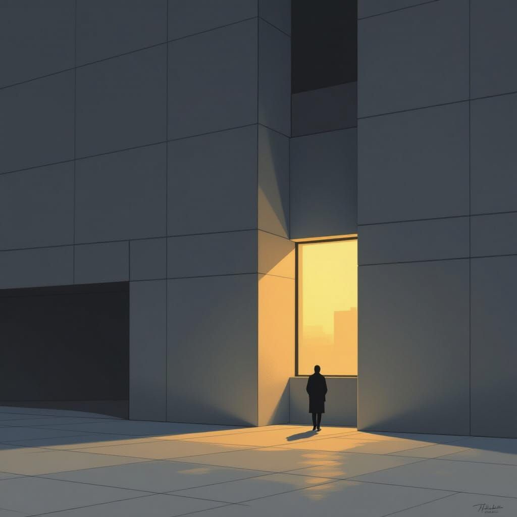 Glowing Window in Brutalist Building, Evoking Isolation