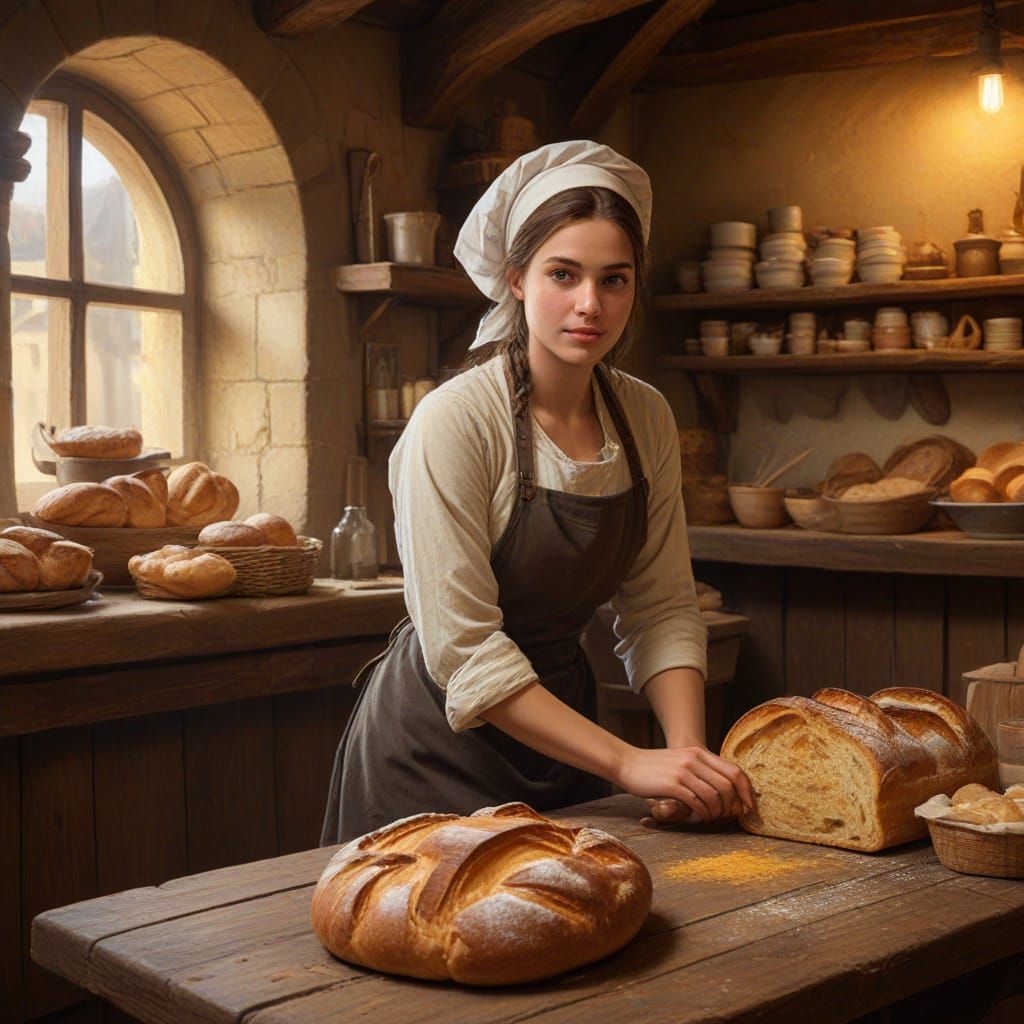 Medieval Bakery Scene with Female Baker