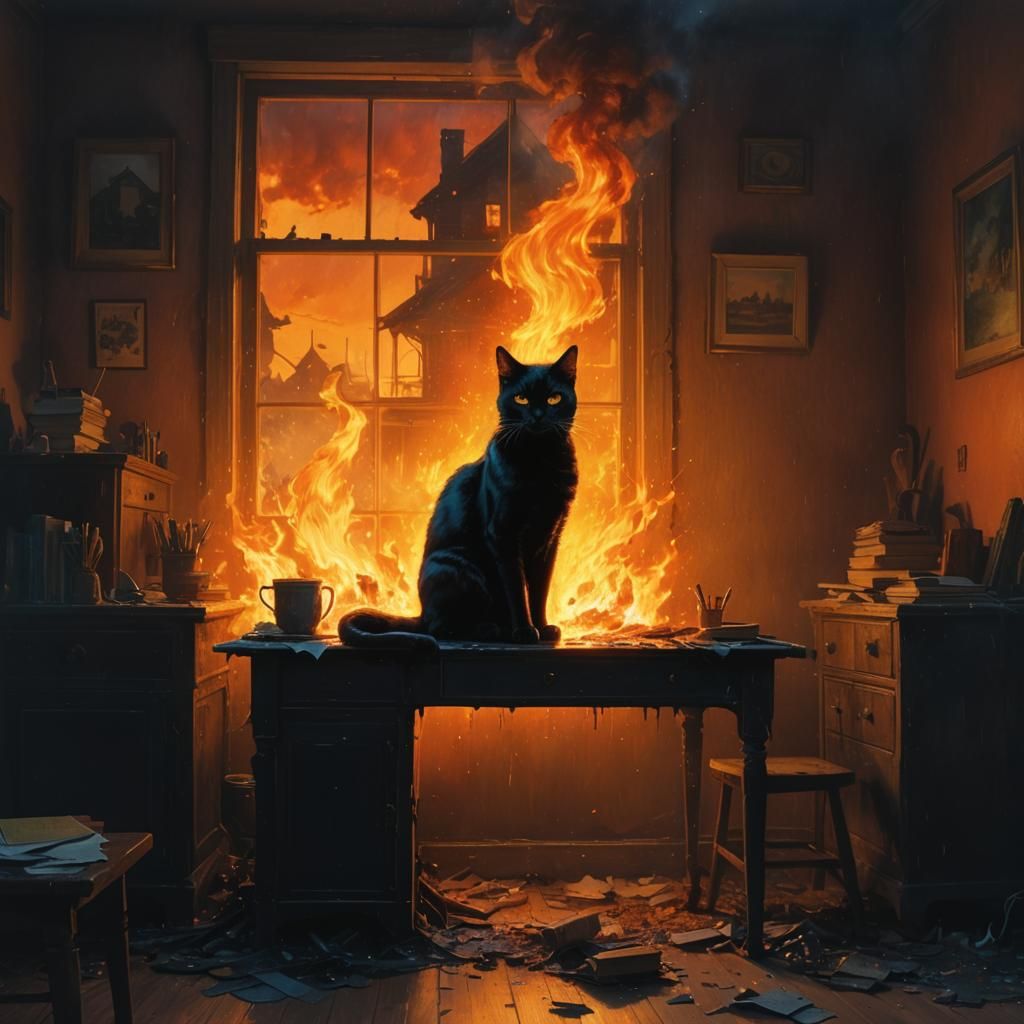 Black Cat Amidst Inferno: Hyperrealistic Splash Art