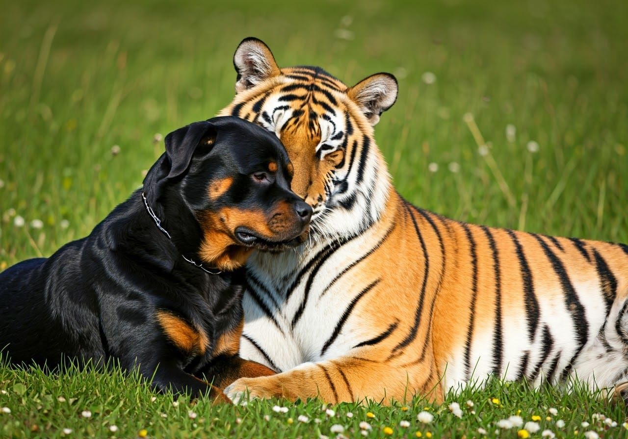 Tiger and Rottweiler in Peaceful Harmony