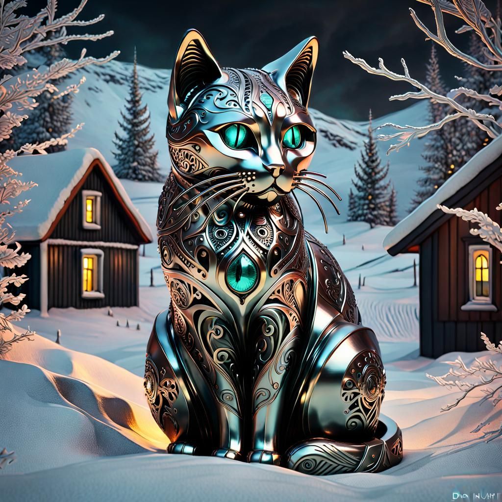 Metallic Cat Sculpture Inspired by Icelandic Folklore