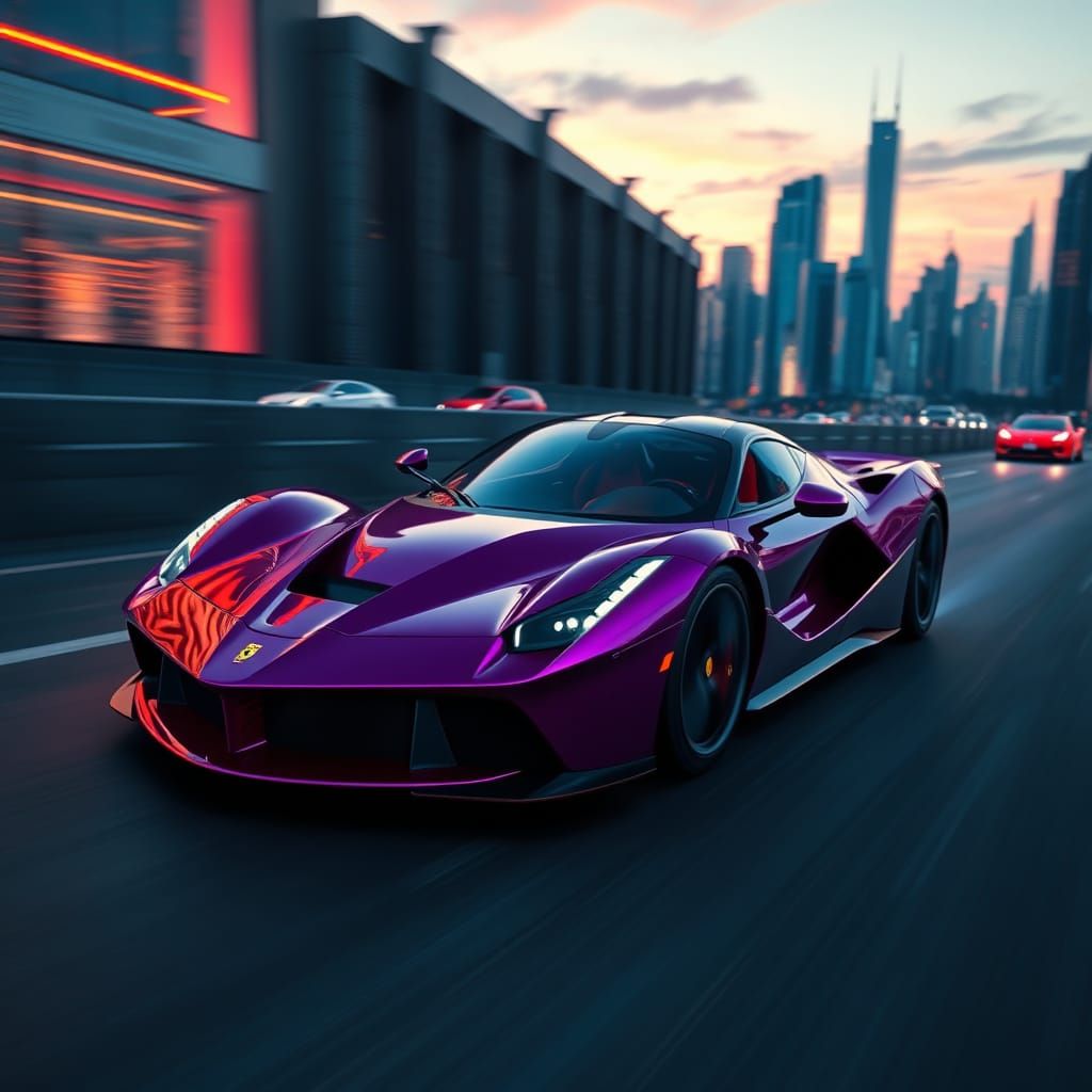 Futuristic Purple Ferrari LaFerrari in Neon Cityscape