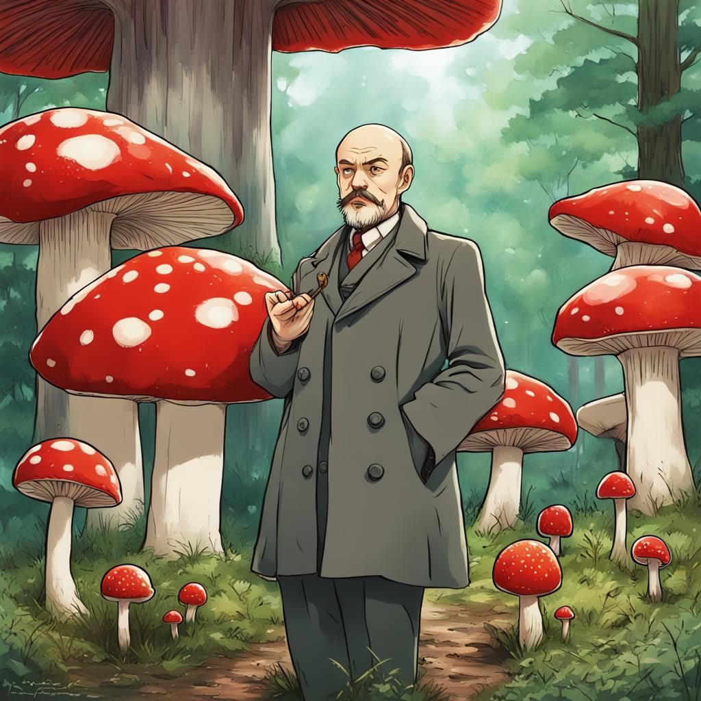 Lenin and Mushroom Chat in Ghibli Style