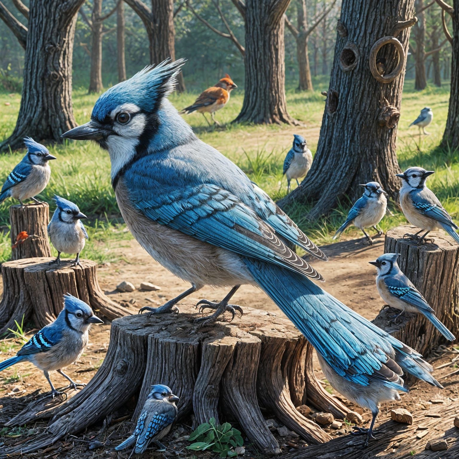 Blue Jay Teaches Bird Class with Chalkboard Illustration