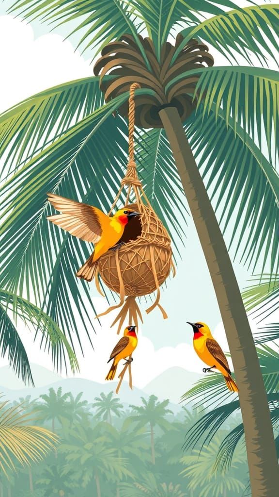 Weaver Birds Interacting with Nest in Vector Art Style