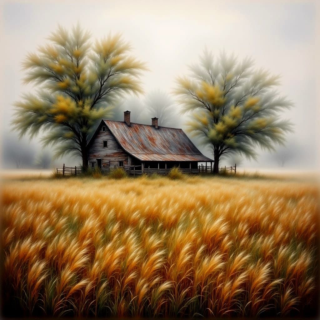 Rustic Farmhouse in Summer Fog: Watercolor Painting