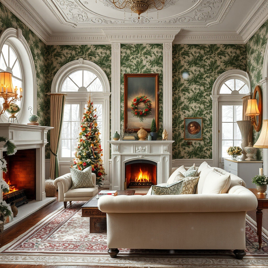 Majestic White Living Room with Vintage Floral Wallpaper