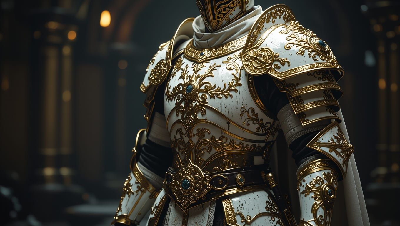 Ethereal Kamael Warrior in Ornate Gold and White Armor