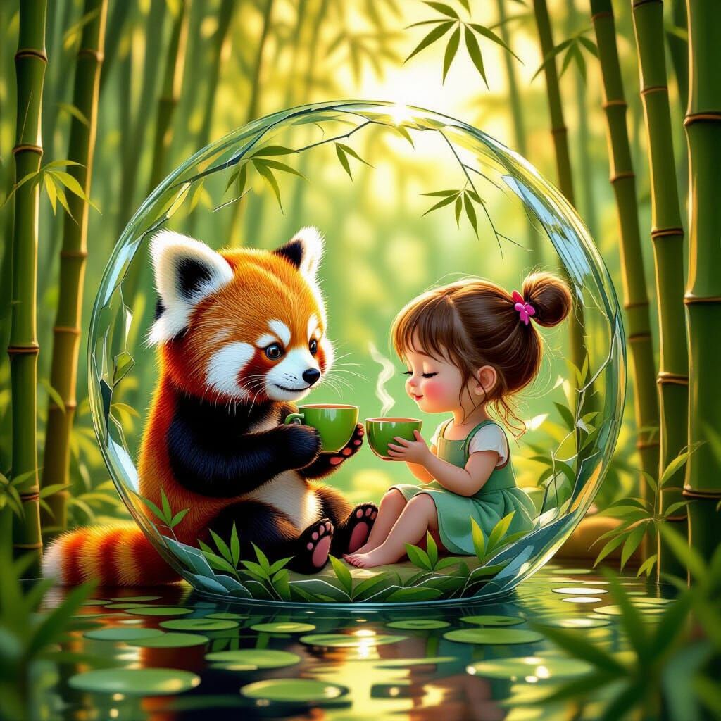 Red Panda and Girl Share Tea in Shattered Glass Bubble