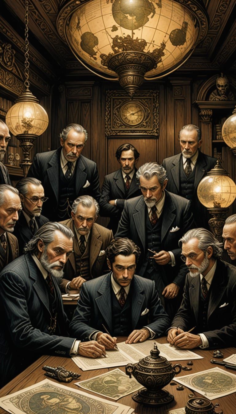 a businessmen's meeting by Posuka Demizu, Arthur Rackham and Tony DiTerlizzi, meticulous, intricate, entangled, intricat...