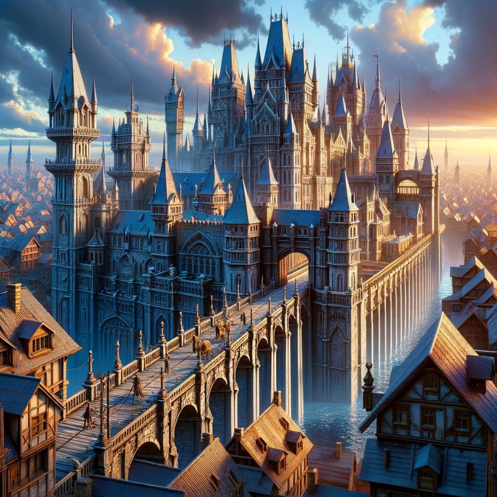 Medieval City Rooftop Vista in Hyperrealistic Splash Art