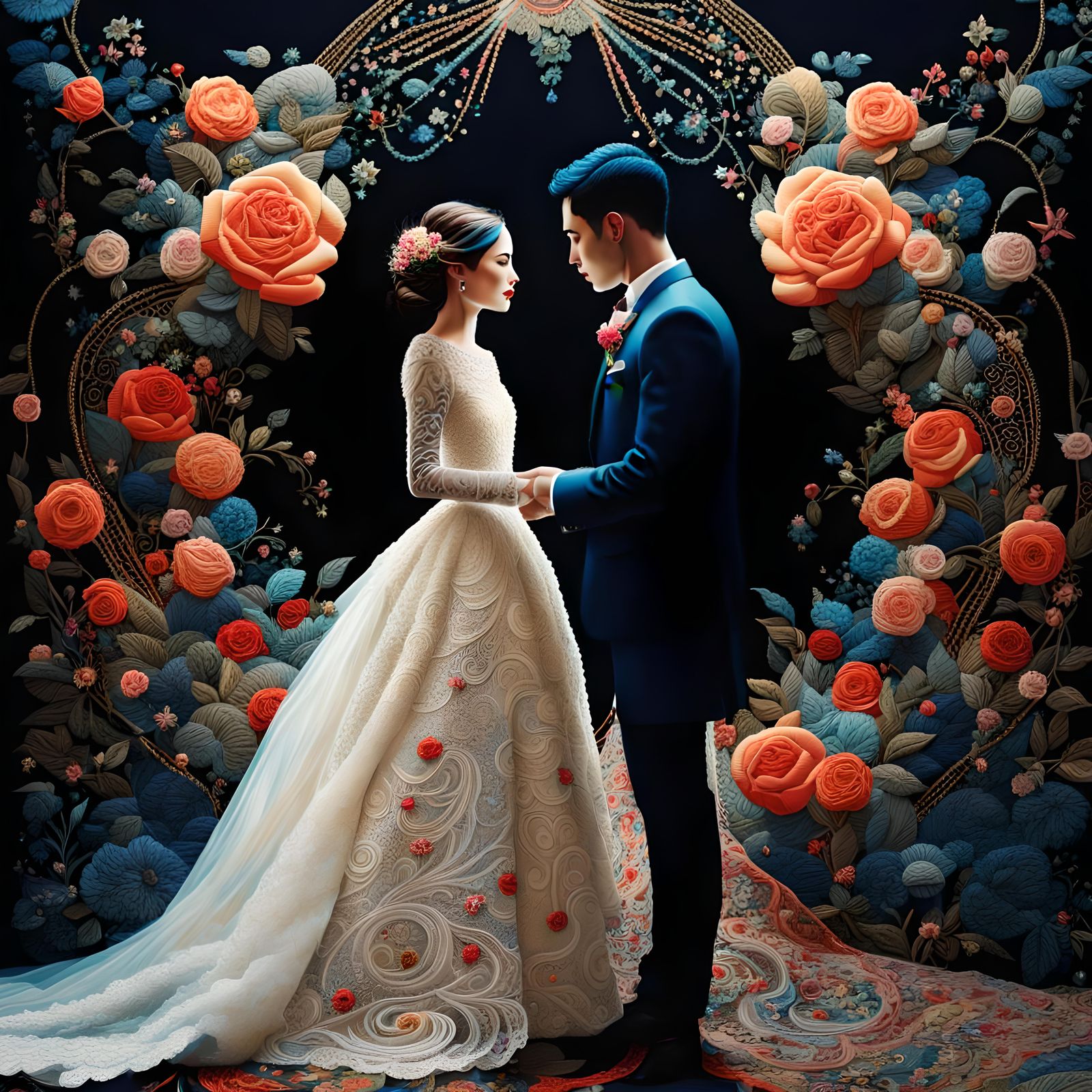 a whimsical embroidered beautiful wedding couple