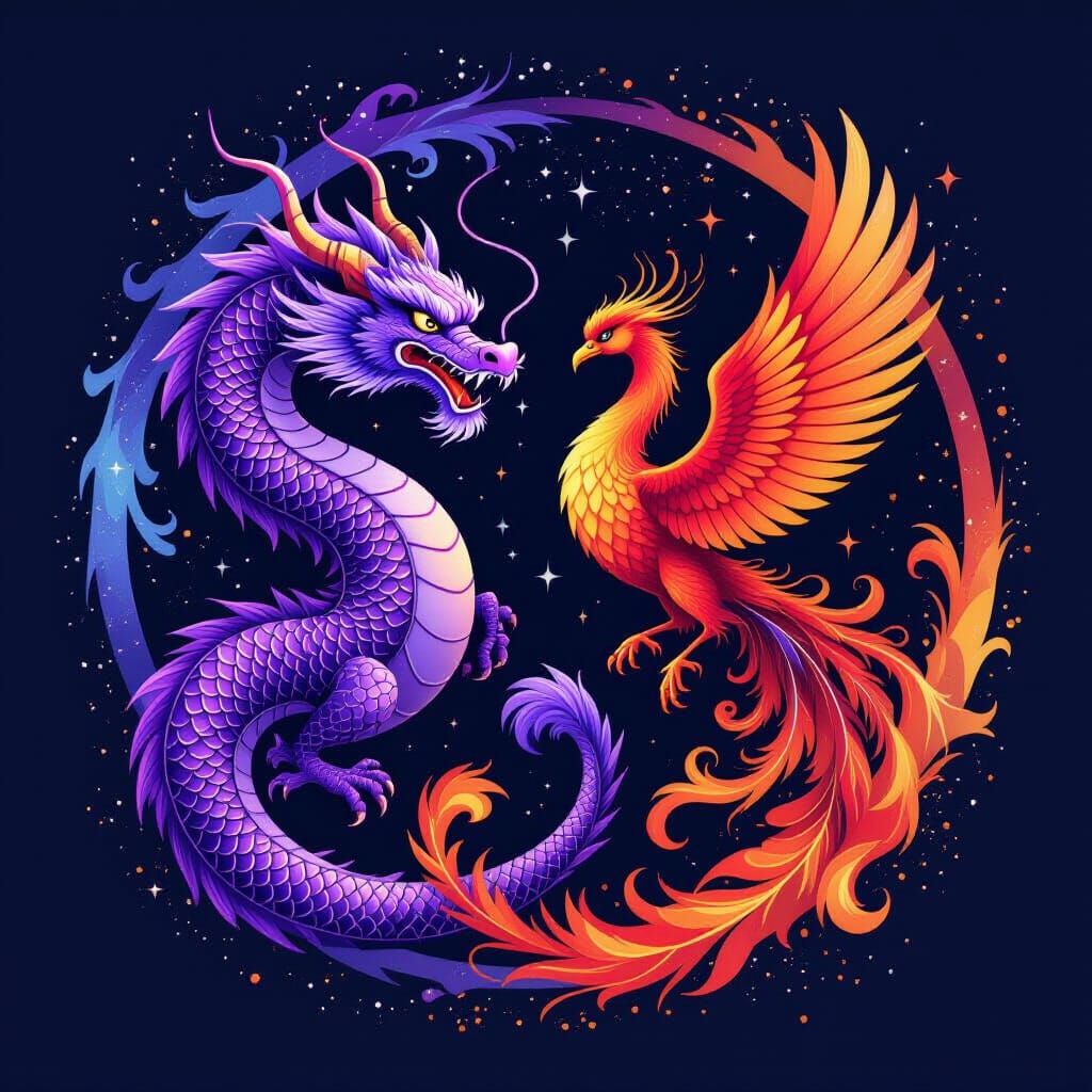 Yin Yang with Purple Dragon and Phoenix in Chinese Ink Style