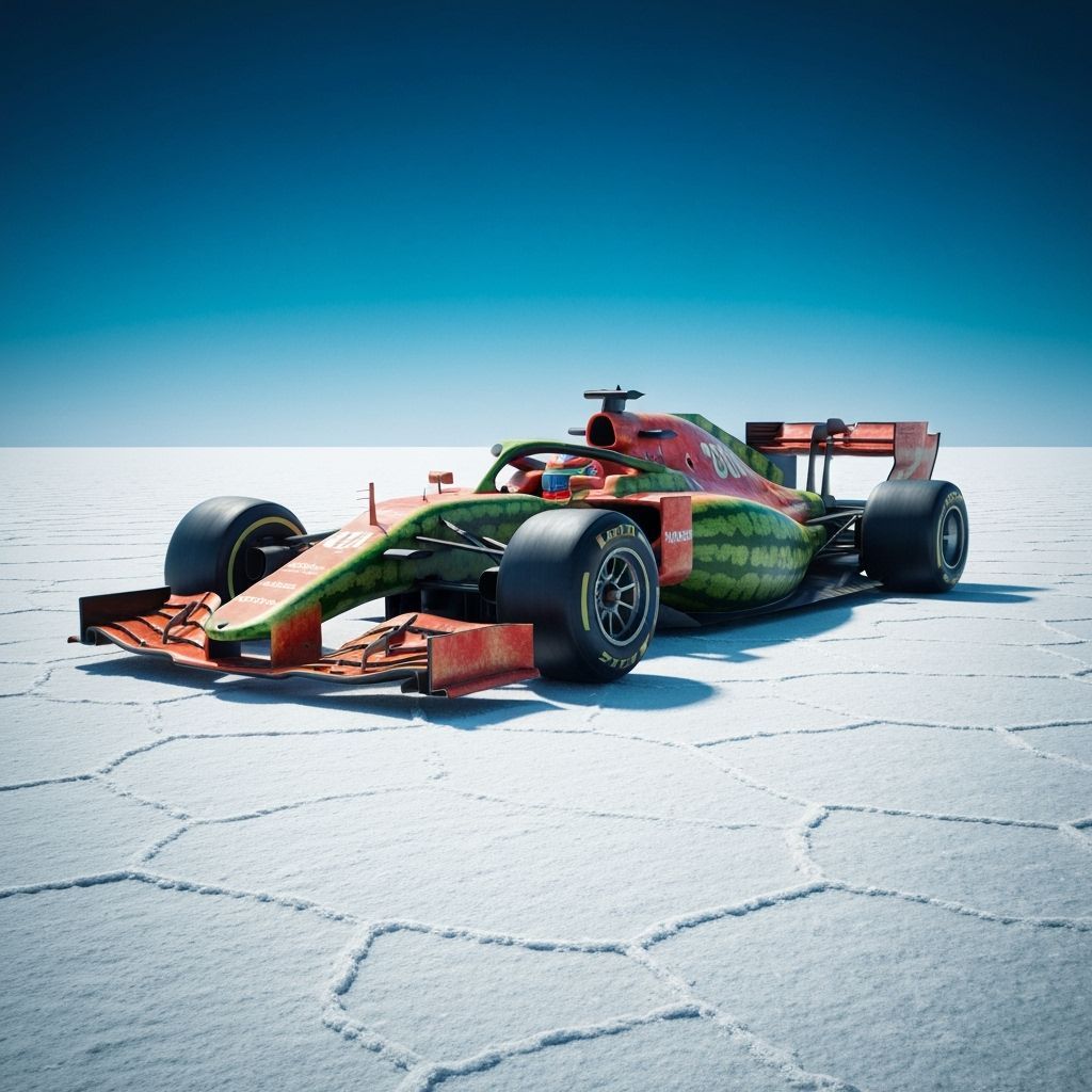 Watermelon Formula One Car on Salt Flats: Hyperrealistic Art