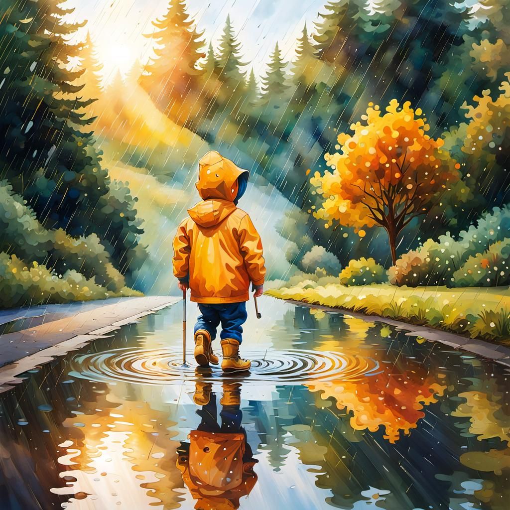 Surreal Reflection of a Toddler Playing in Rain