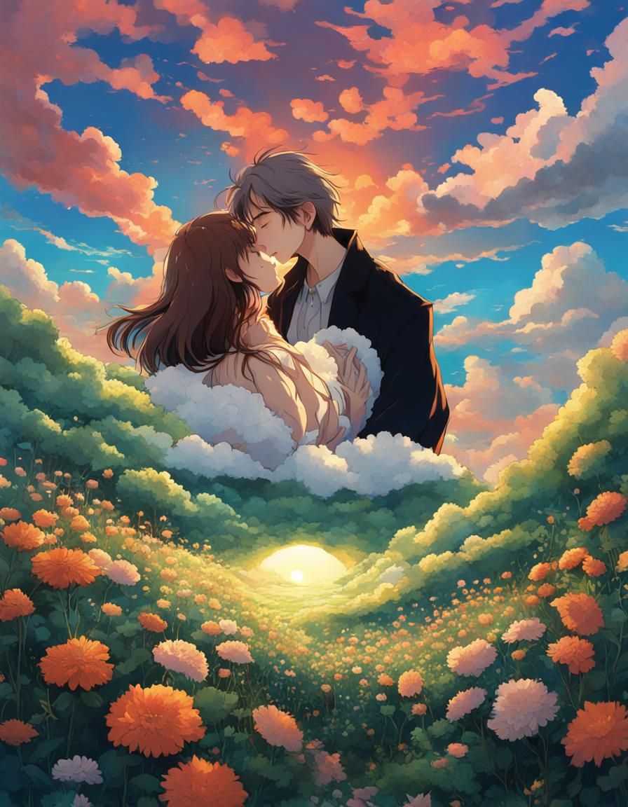 Couple in Ghibli-Style Sunset Scene with Flowers