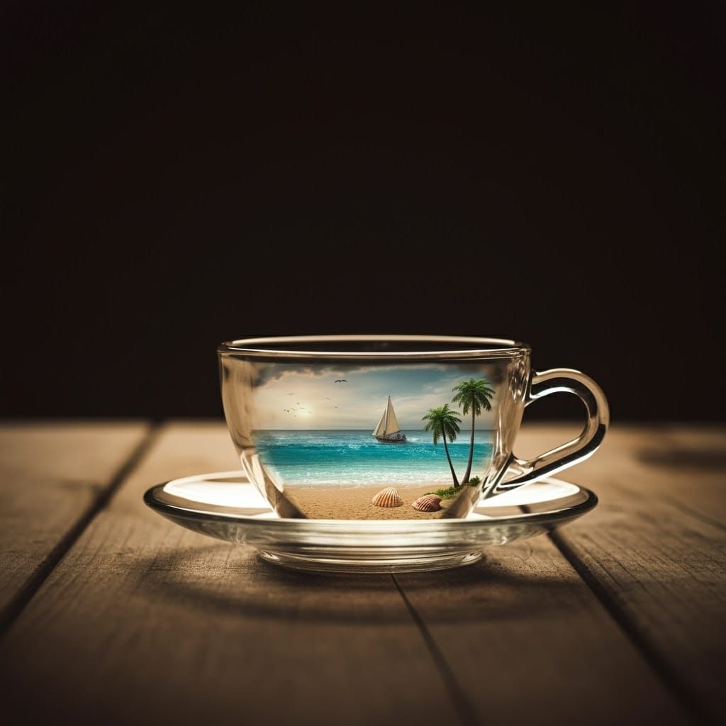 Crystal Tea Cup Beach Oasis in Dreamlike Detail