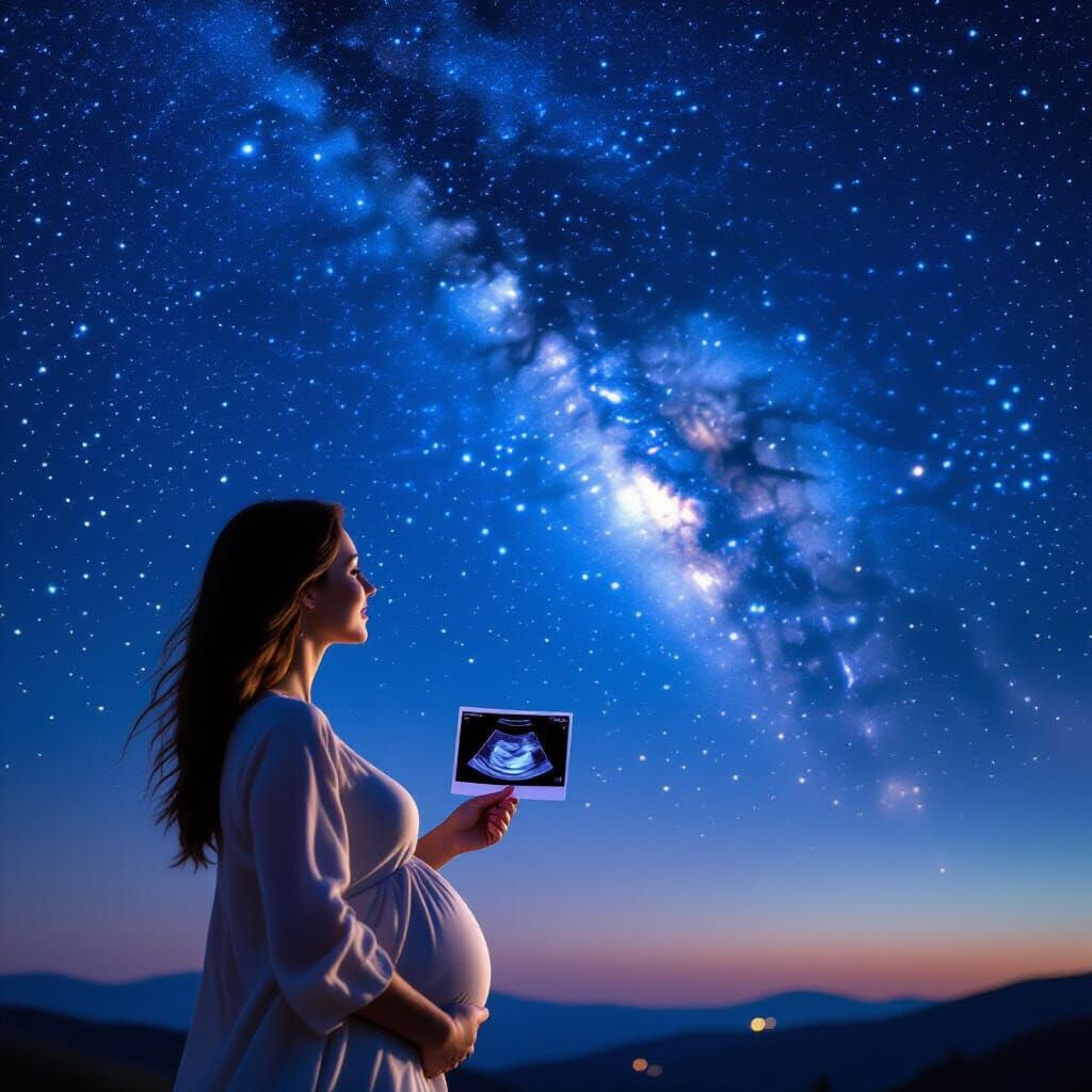 Pregnant Woman Gazing at Starry Sky