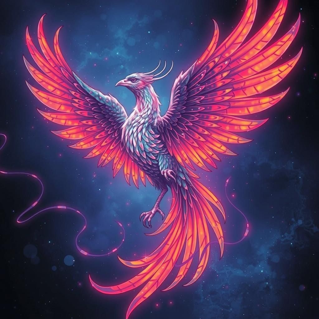 Iridescent Phoenix Against Celestial Background