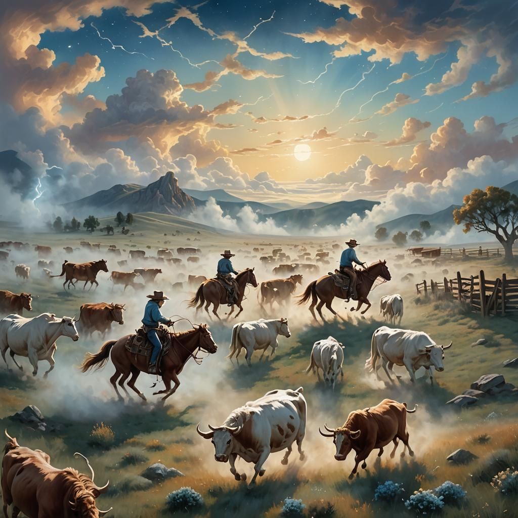 Ghostly Cowboys Herd Cows in Ethereal Western Art
